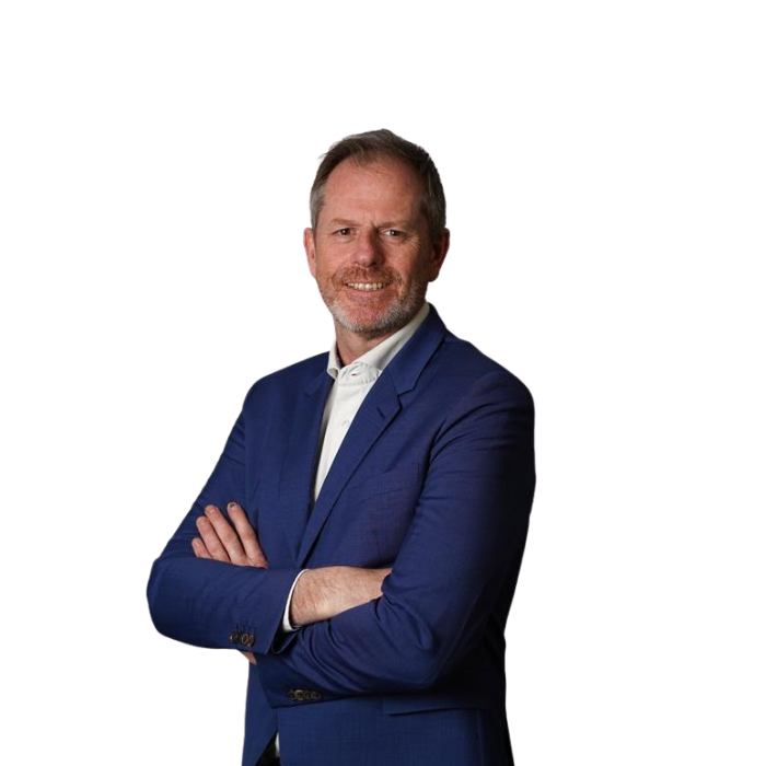 Smiling man with a blue suit and a white shirt in a white background