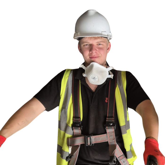 Man with red gloves, black tshirt and a yellow vest. White mask in front and a white helmet. White background